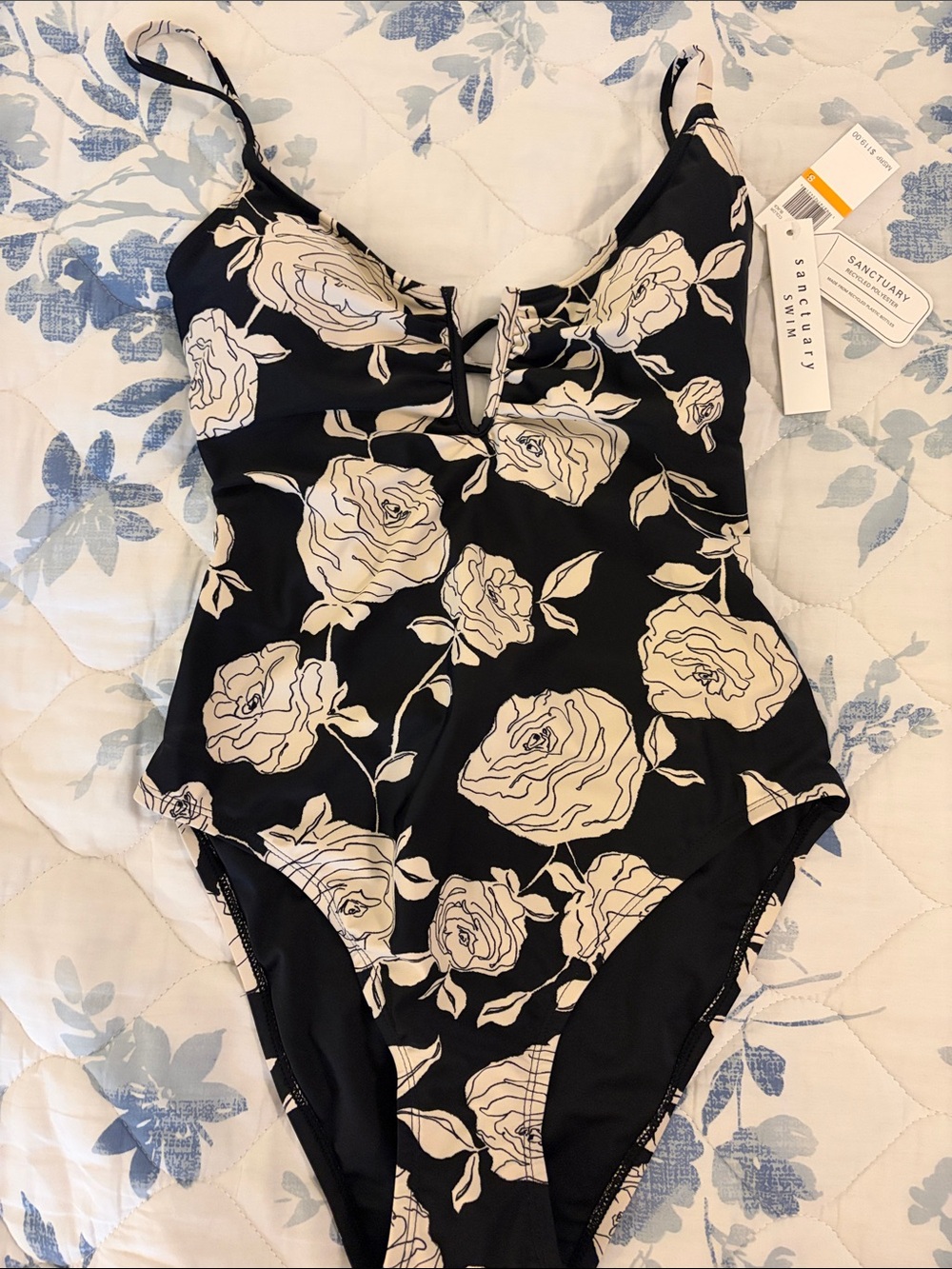 Sanctuary Black One-Piece Swimsuit with Cream Rose Print